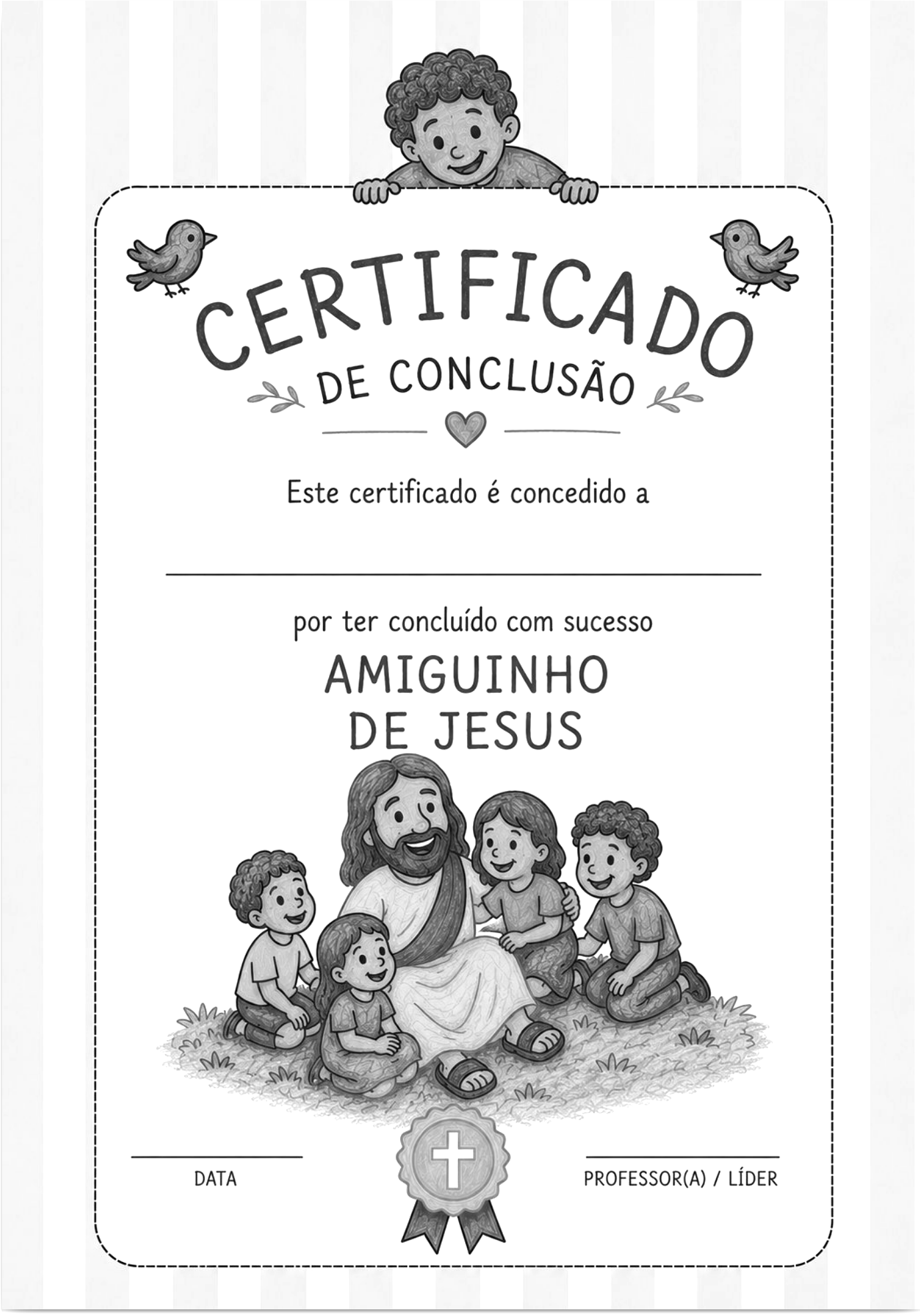Certificado de conclusão Amiguinho de Jesus em preto e branco