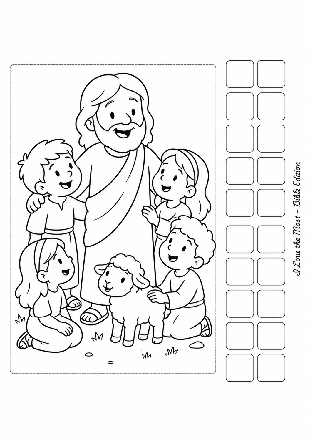 Página para colorir — Jesus com as crianças e o cordeirinho