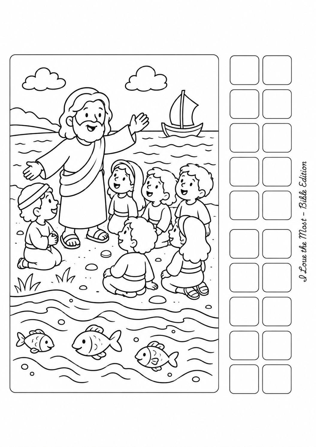 Página para colorir — Jesus à beira do mar com discípulos